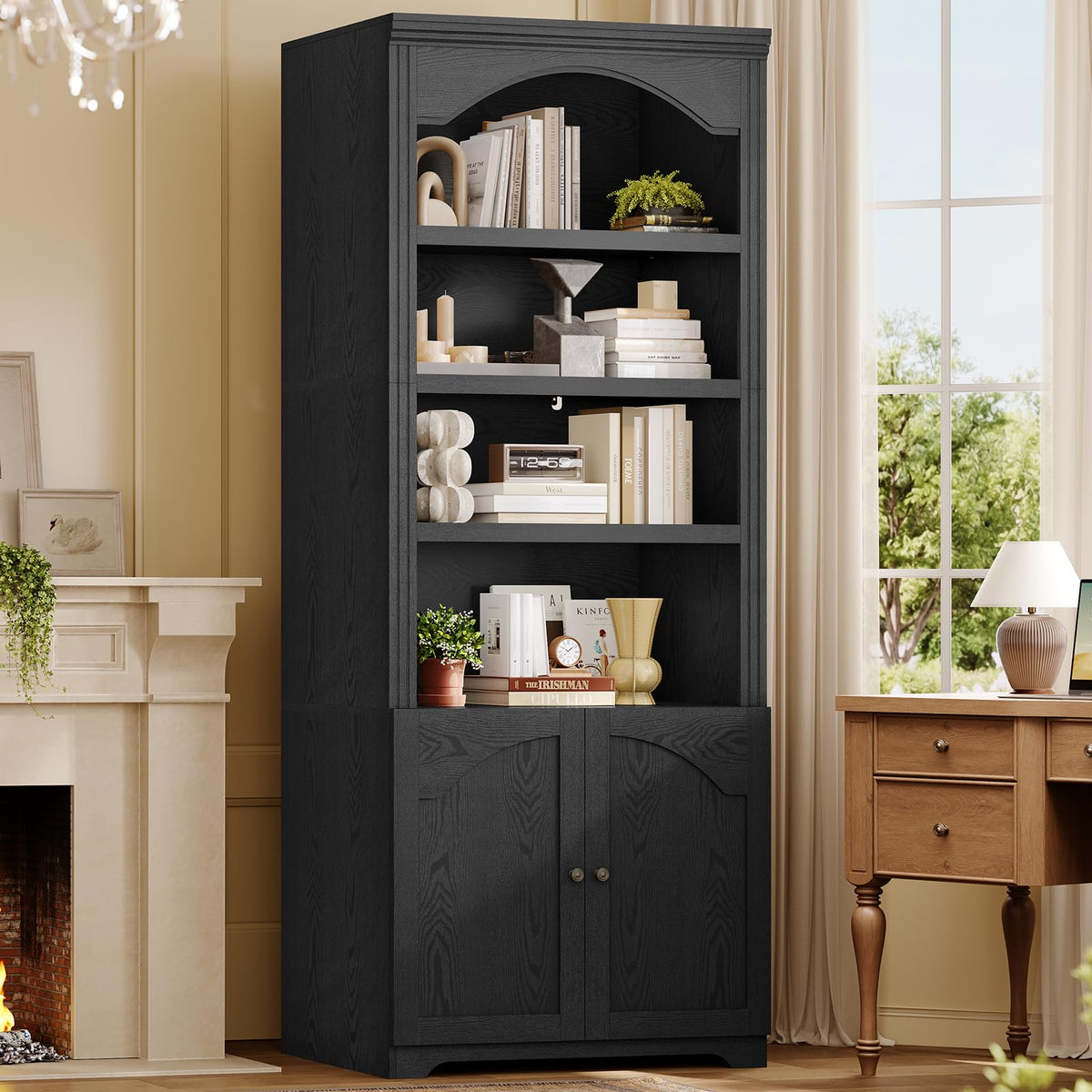 81"x31.4" Arched Bookcase with Adjustable Shelves & Doors E7299