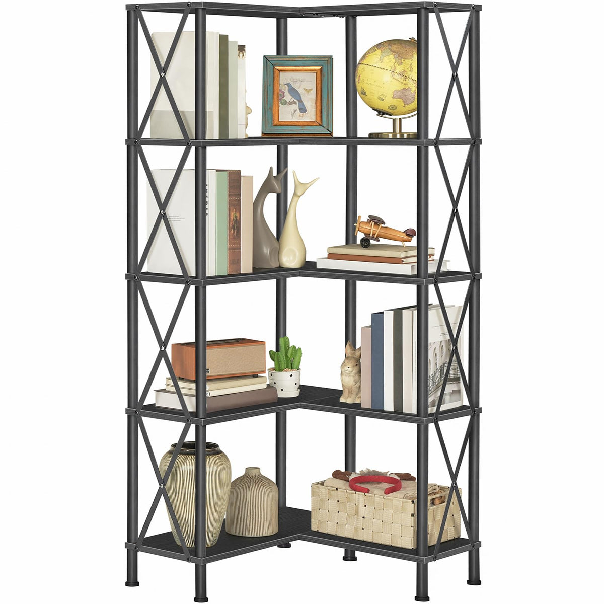Black 5-Tier L-Shaped Corner Bookshelf W631