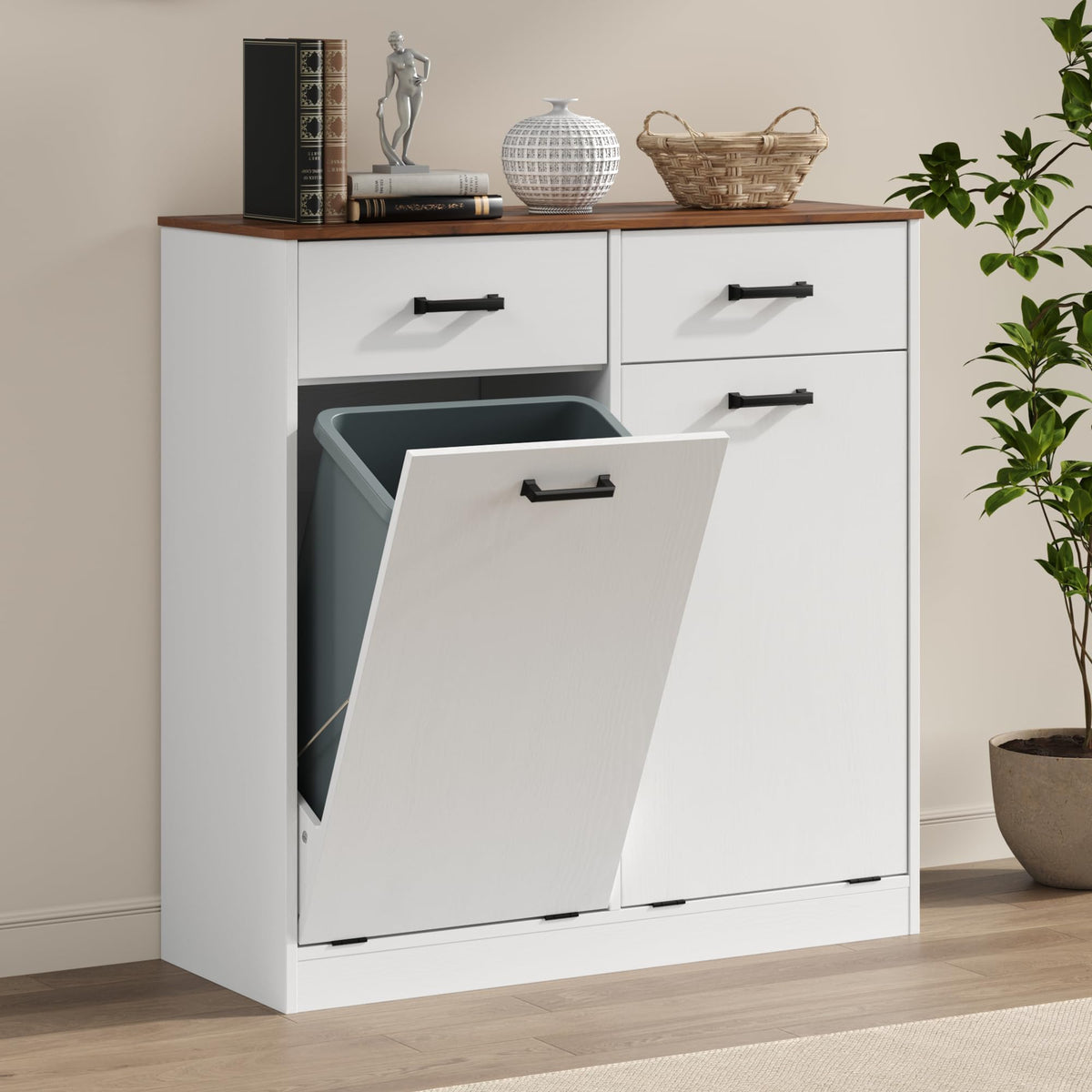Antique White Double Tilt Out Trash Can Cabinet with 2 Drawers K803