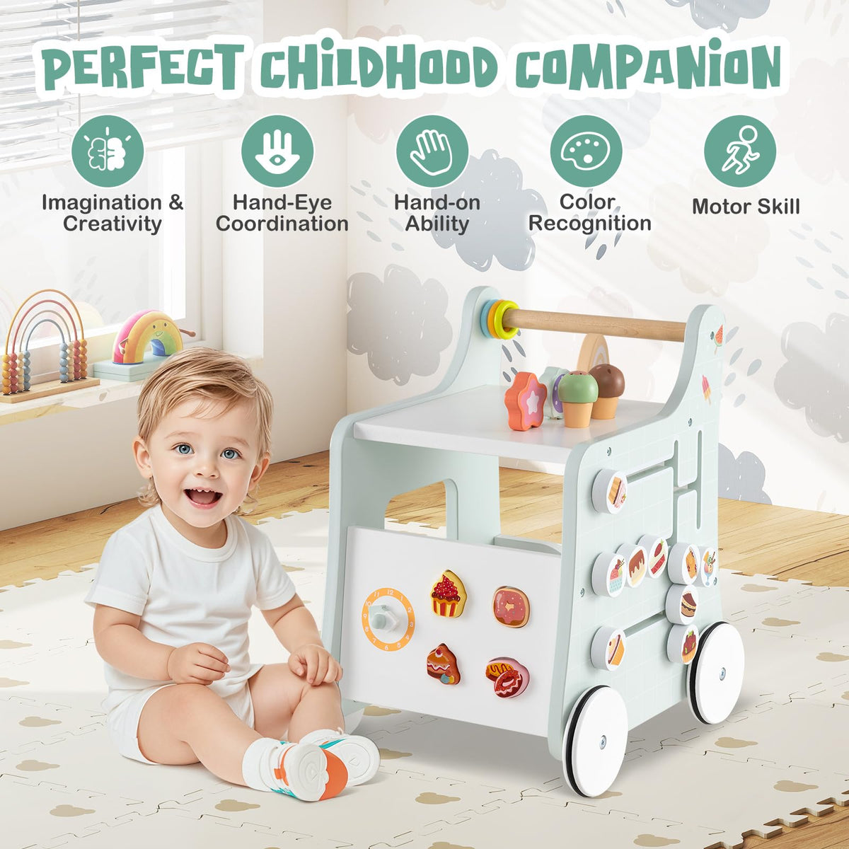 Wooden Baby Walker with Storage and Wheels R956