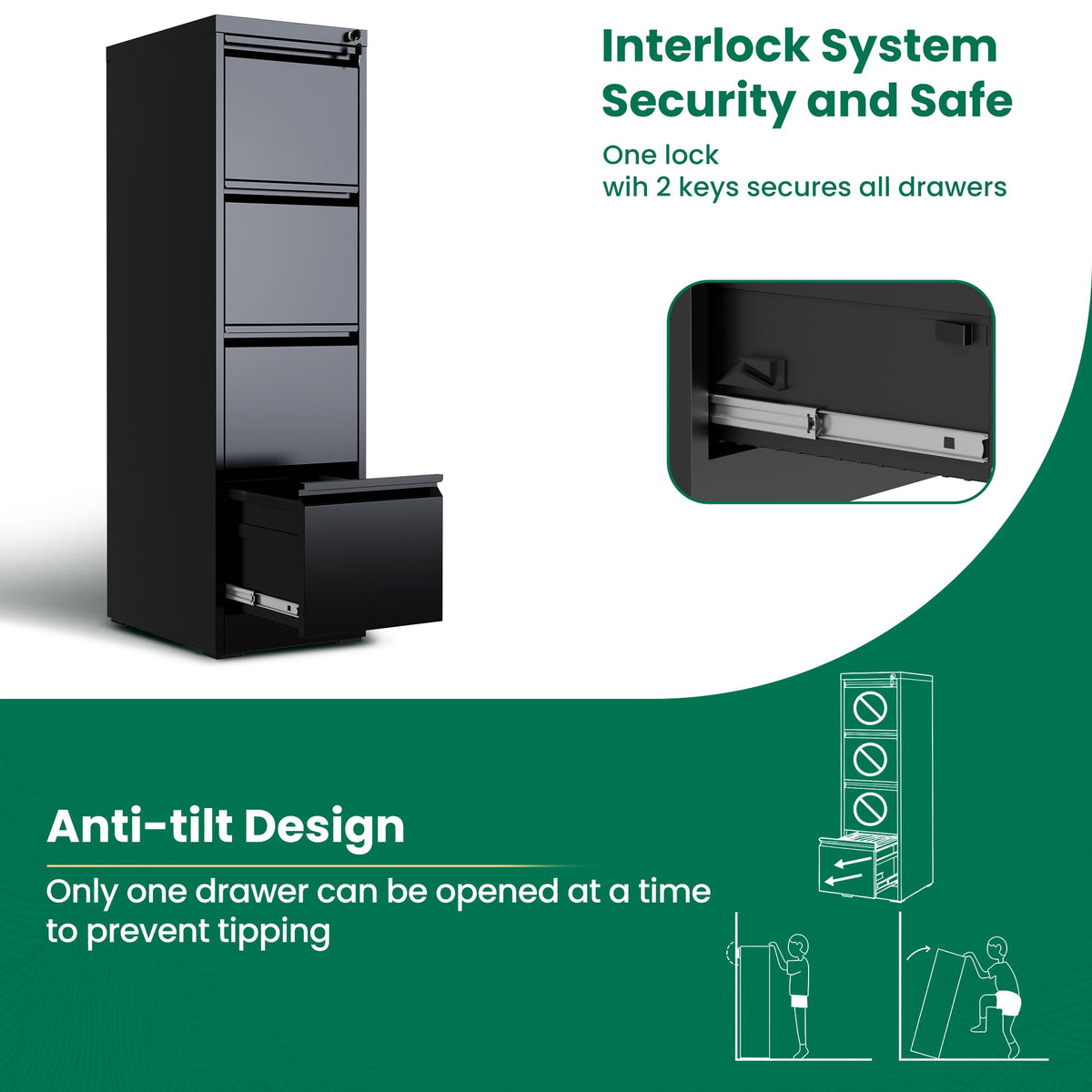Black 4 Drawer Metal File Cabinet with Lock B967
