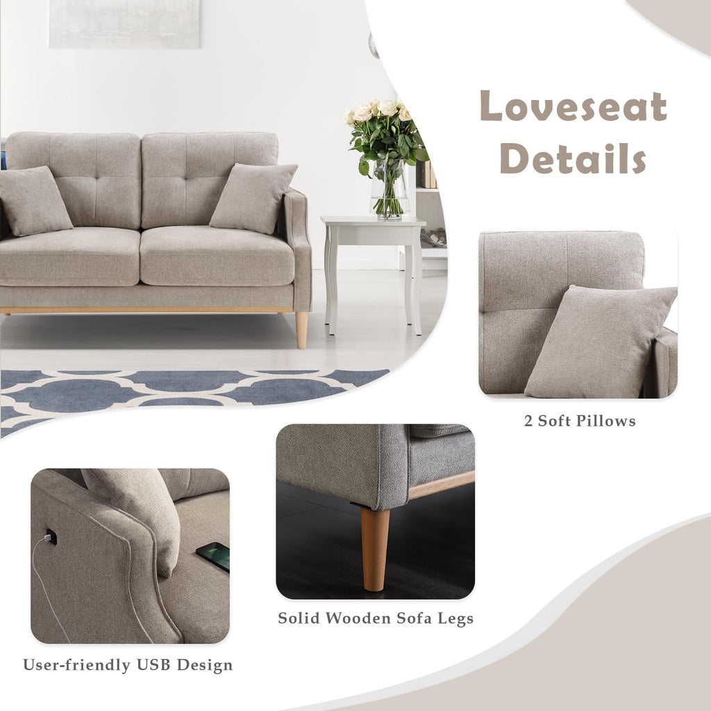 Light Grey Fabric Upholstered 2-Seat Loveseat Sofa with USB Port J8467