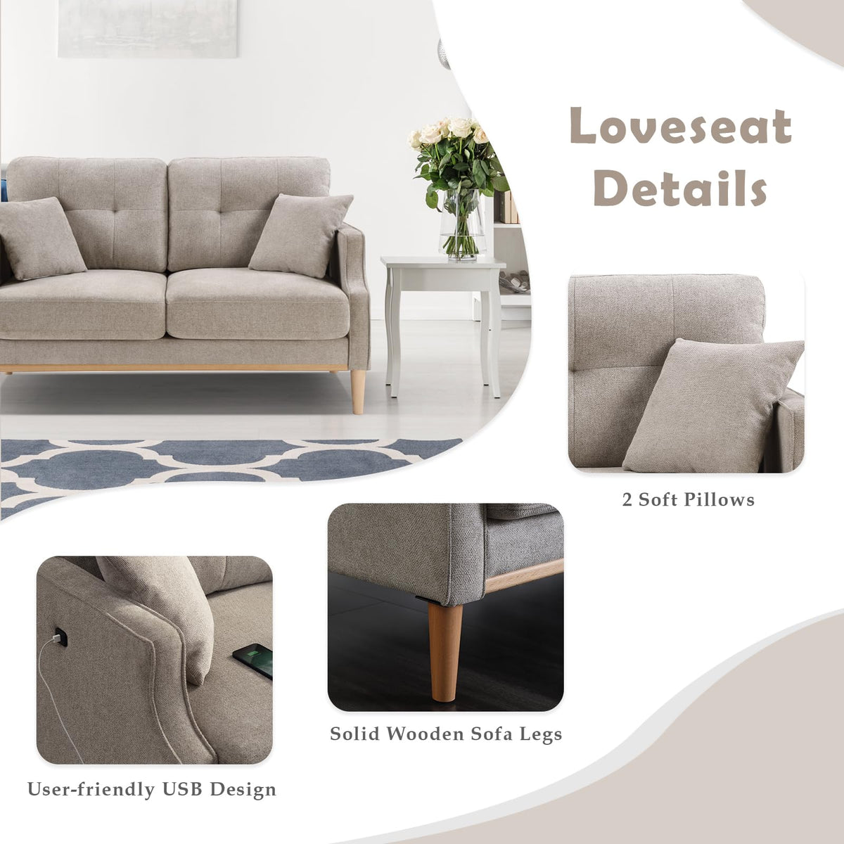 Light Grey Fabric Upholstered 2-Seat Loveseat Sofa with USB Port J8467