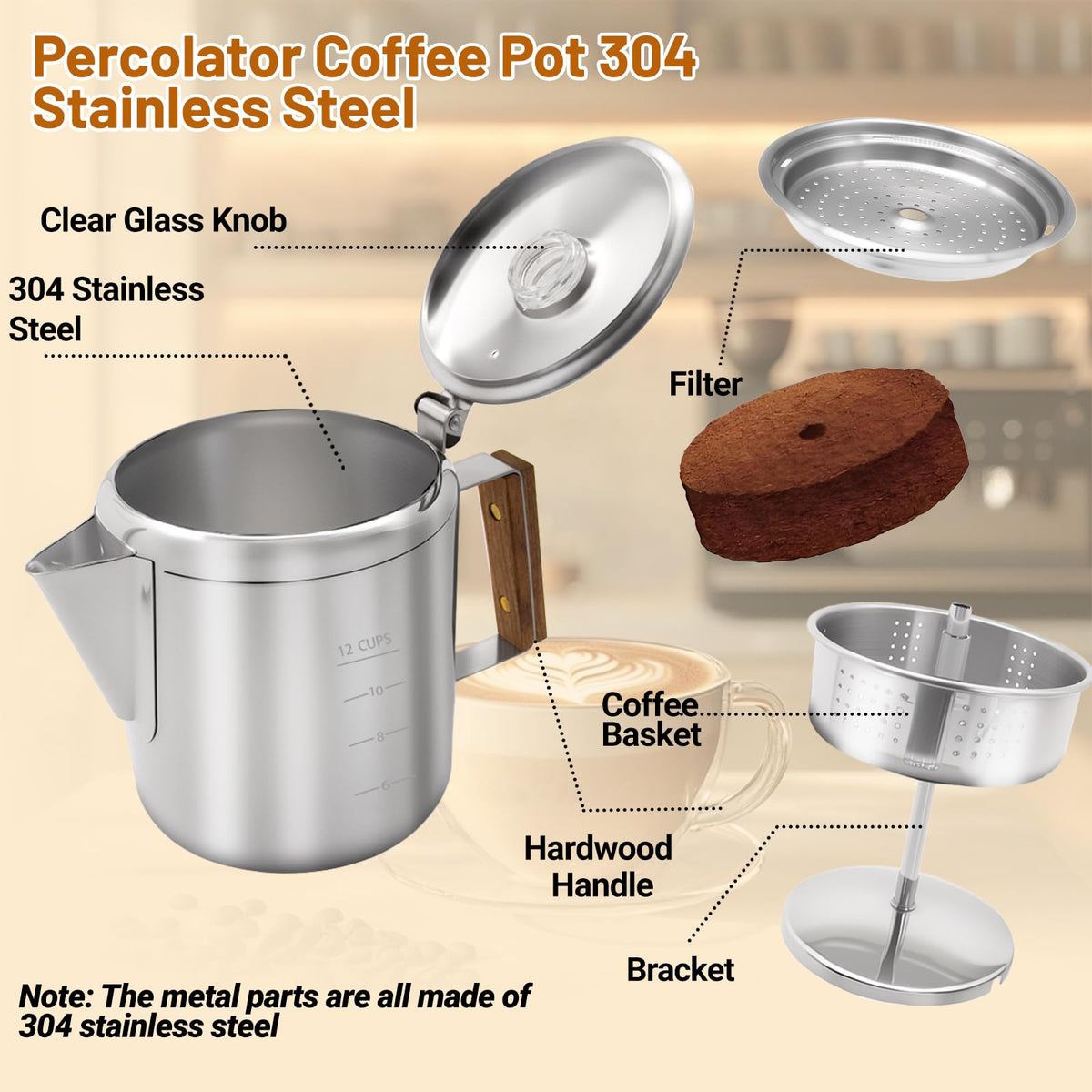 12 Cup Stainless Steel Percolator Coffee Pot Y535042