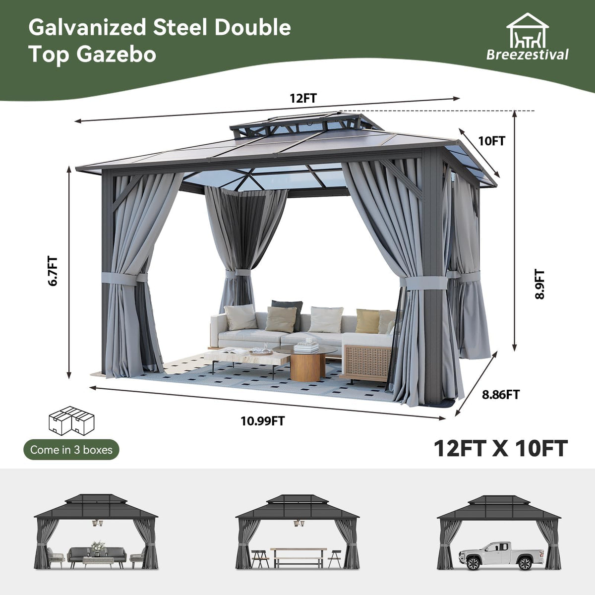 10'x12' Hardtop Aluminum Gazebo with Polycarbonate Roof, Curtains and Netting I32749