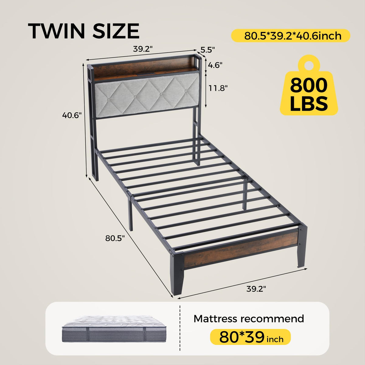 Twin Bed Frame with Upholstered Storage Headboard and USB Charging Station N403973