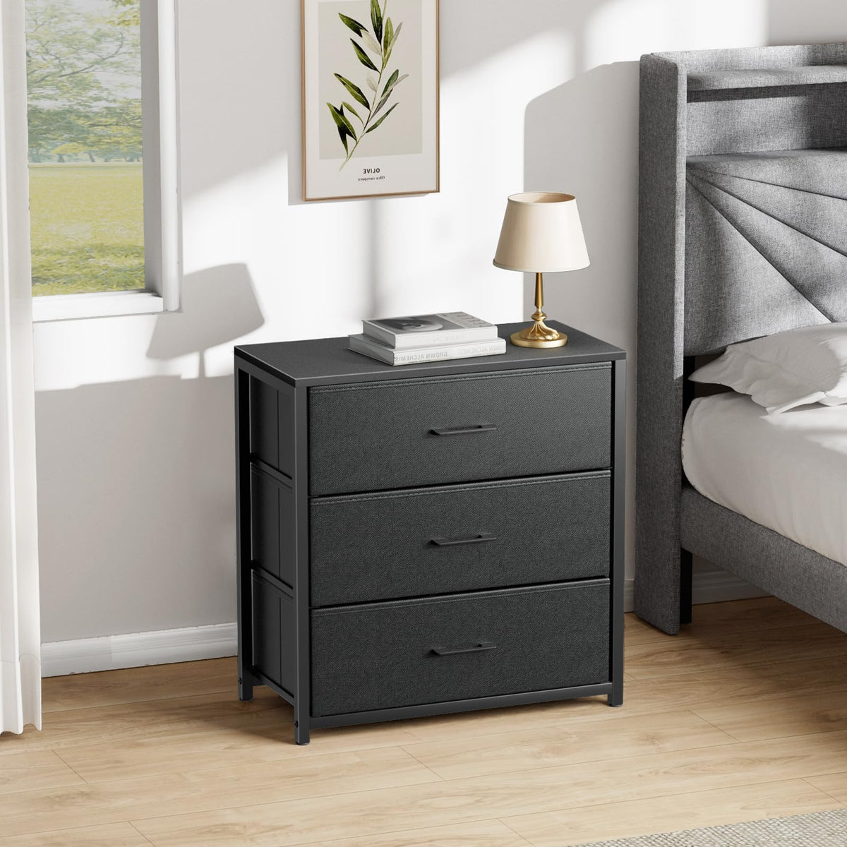 Black 3 Fabric Drawer Nightstand C364