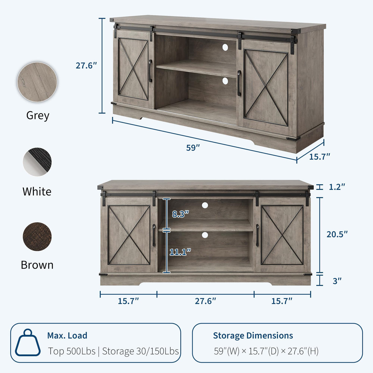 Farmhouse TV Stand with Sliding Barn Doors and Storage Cabinets, Grey E754