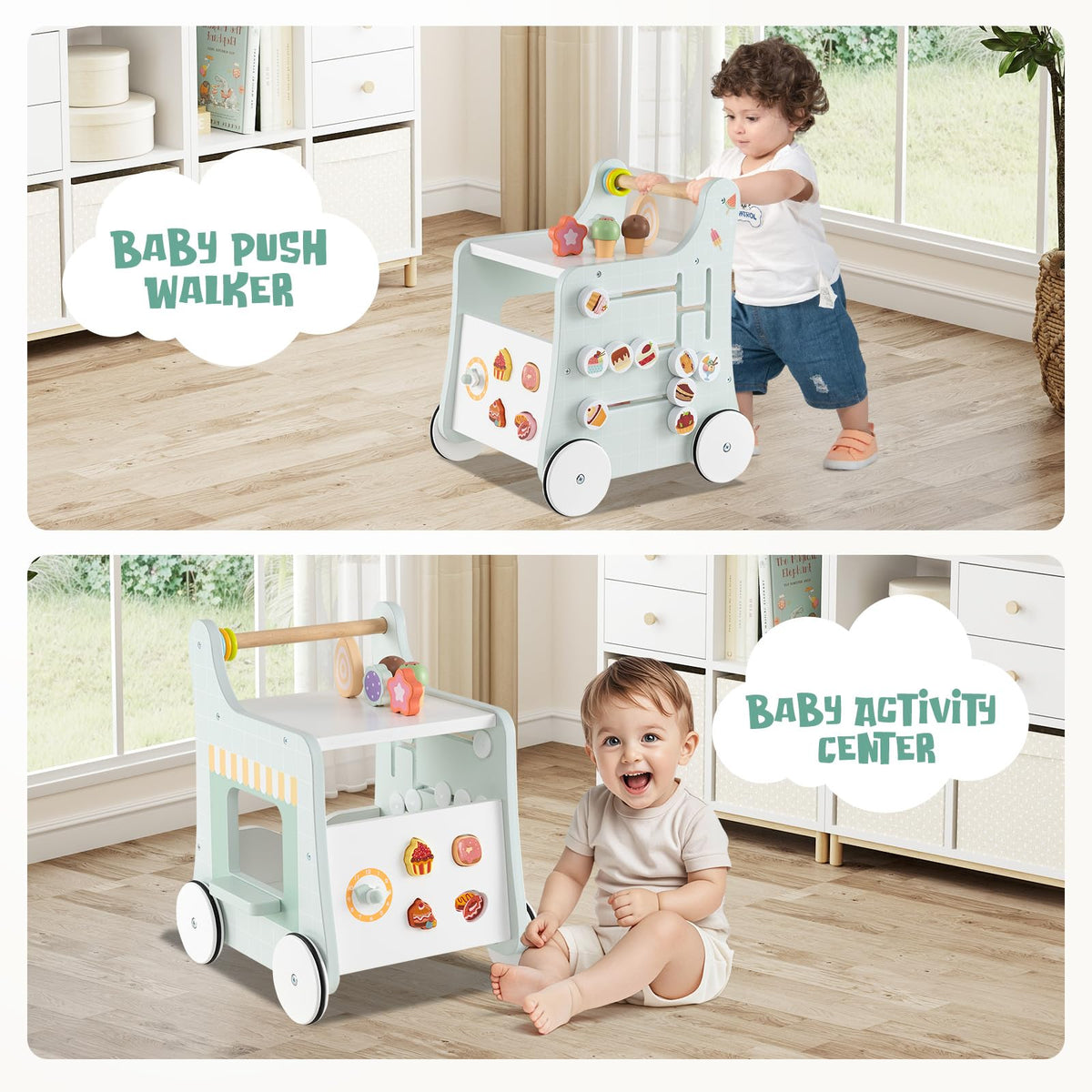 Wooden Baby Walker with Storage and Wheels R956