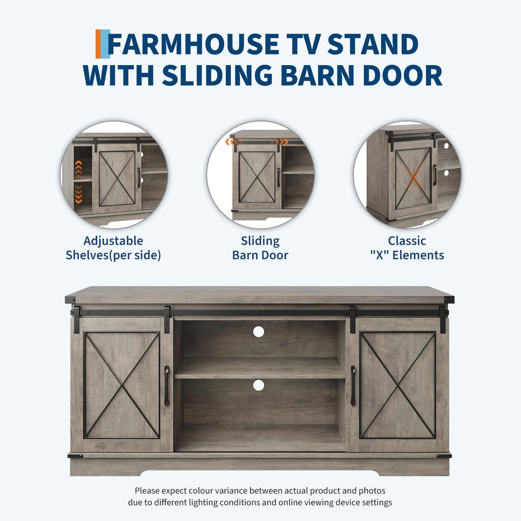 Farmhouse TV Stand with Sliding Barn Doors and Storage Cabinets, Grey E754