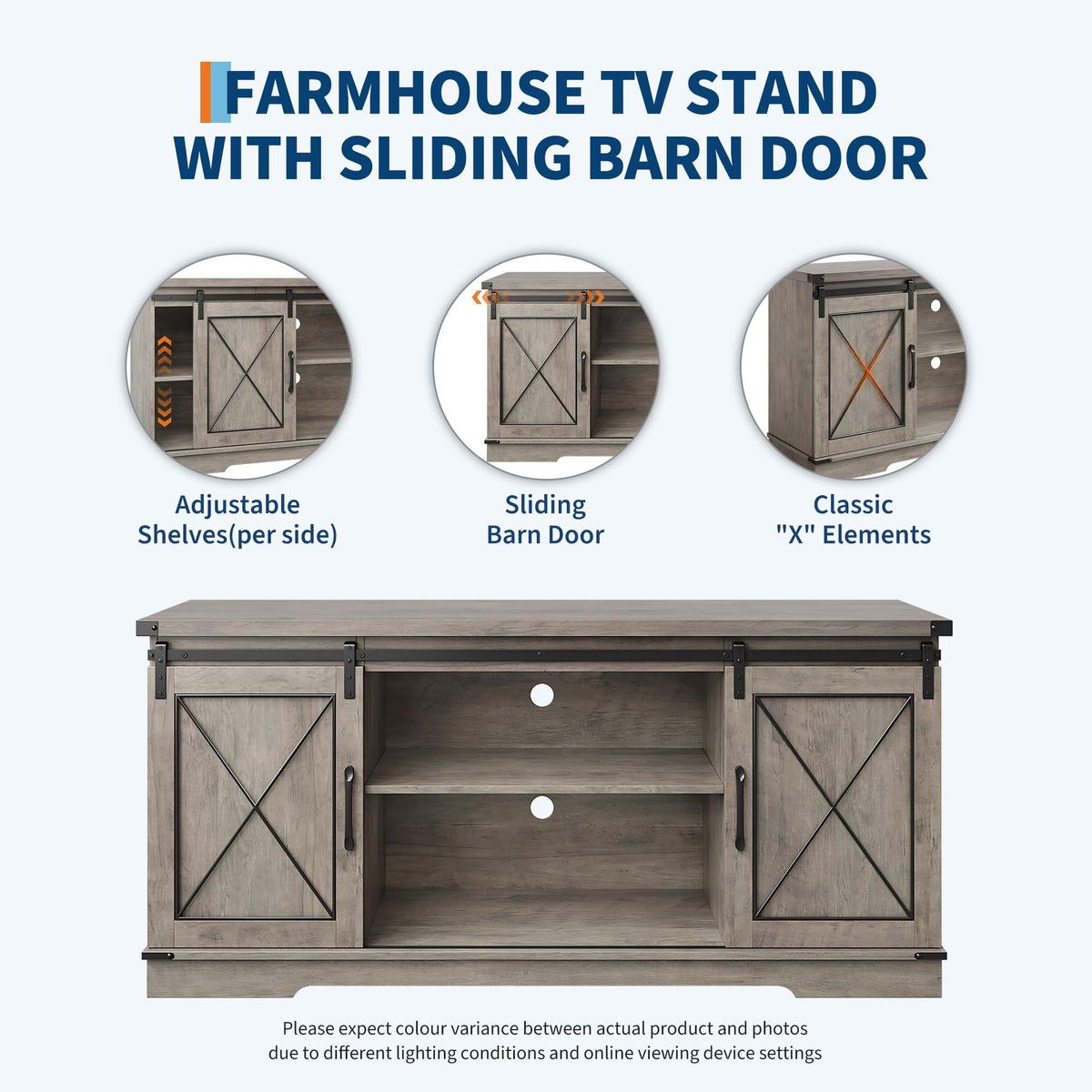 Farmhouse TV Stand with Sliding Barn Doors and Storage Cabinets, Grey E754