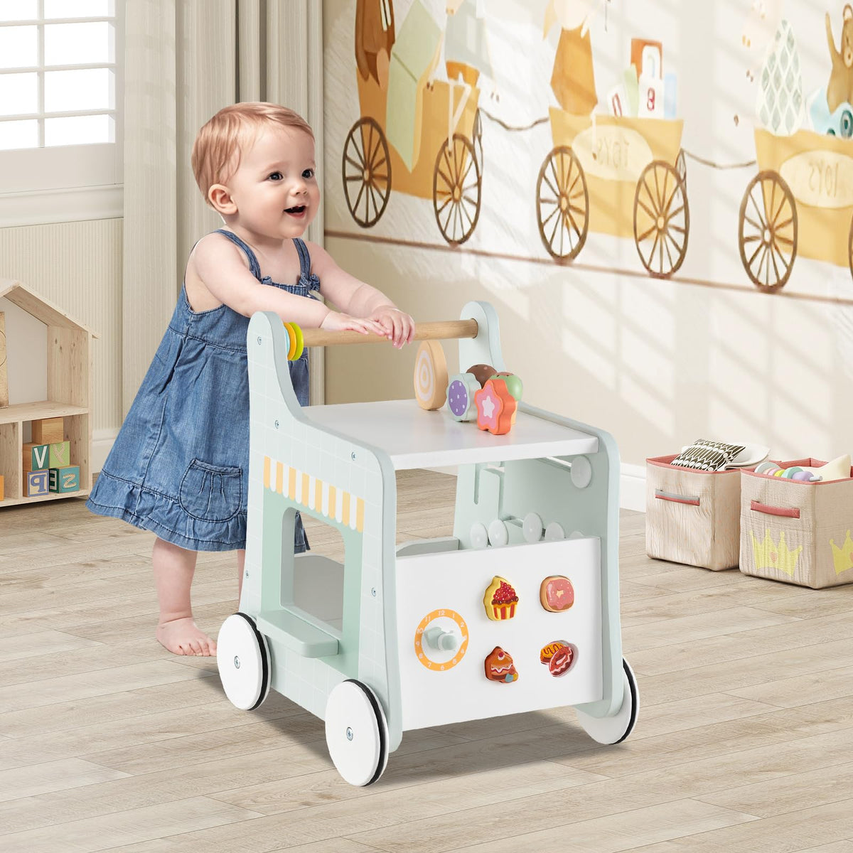 Wooden Baby Walker with Storage and Wheels R956