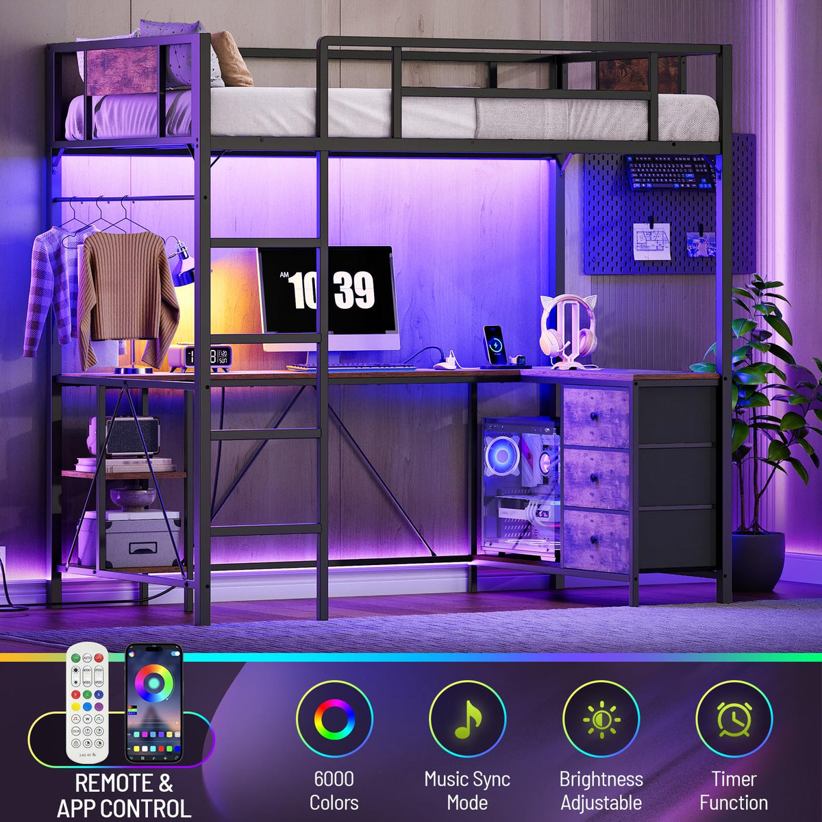 Twin Size Metal Loft Bed with L-Shaped Desk, 3 Storage Drawers, LED Light & Ladder M537661