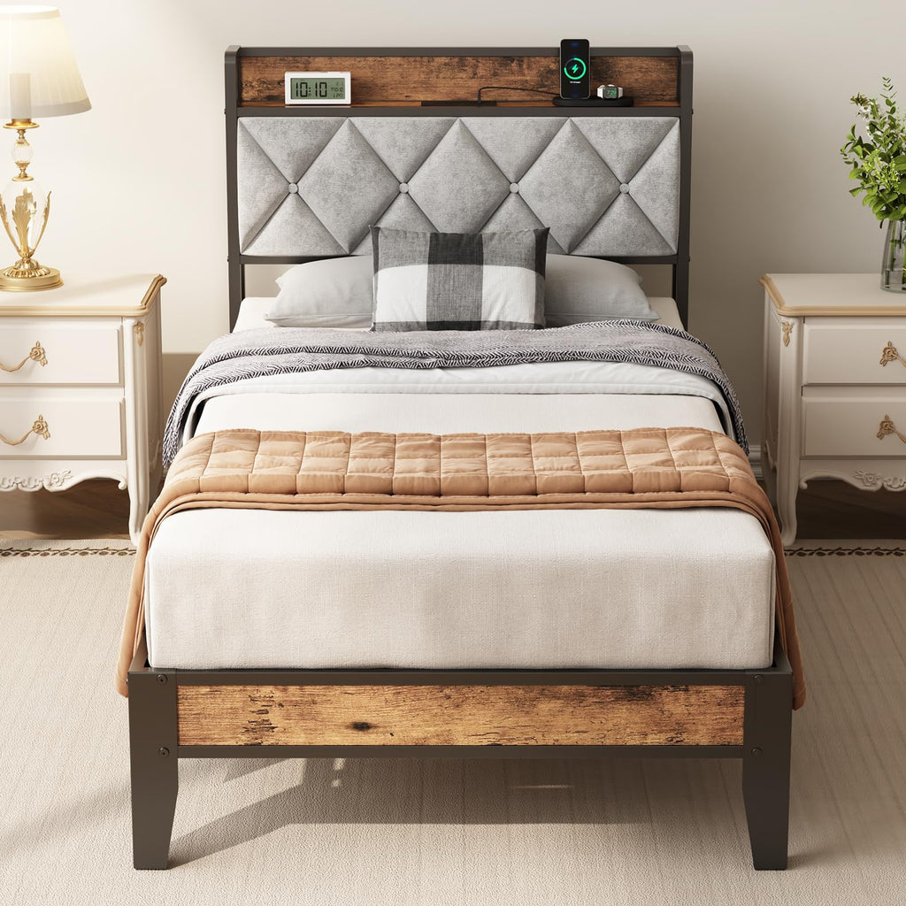 Twin Bed Frame with Upholstered Storage Headboard and USB Charging Station N403973