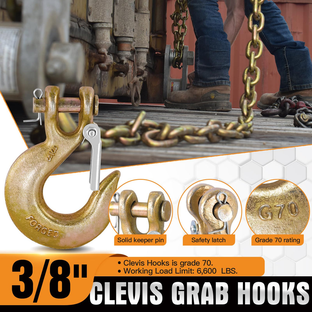 2 Pack 3/8" G70 Clevis Slip Hooks with Safety Latch M3778