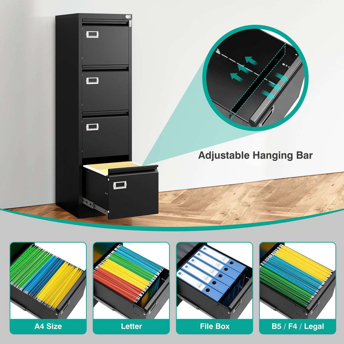 4 Drawer Black Metal File Cabinet with Lock B6711