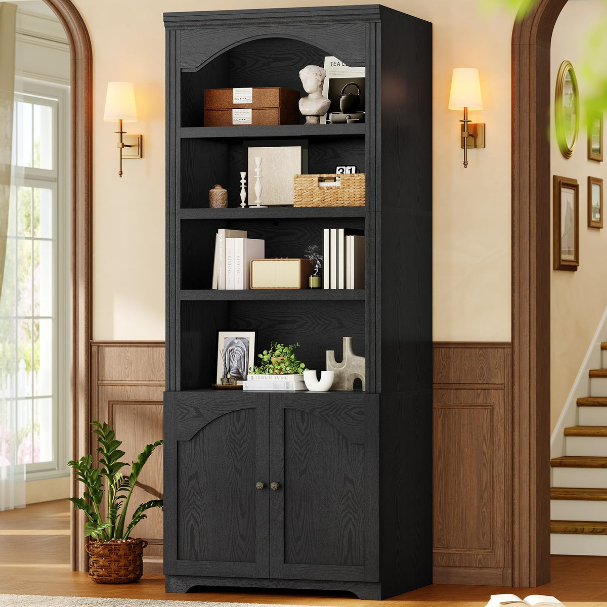 81"x31.4" Arched Bookcase with Adjustable Shelves & Doors E7299