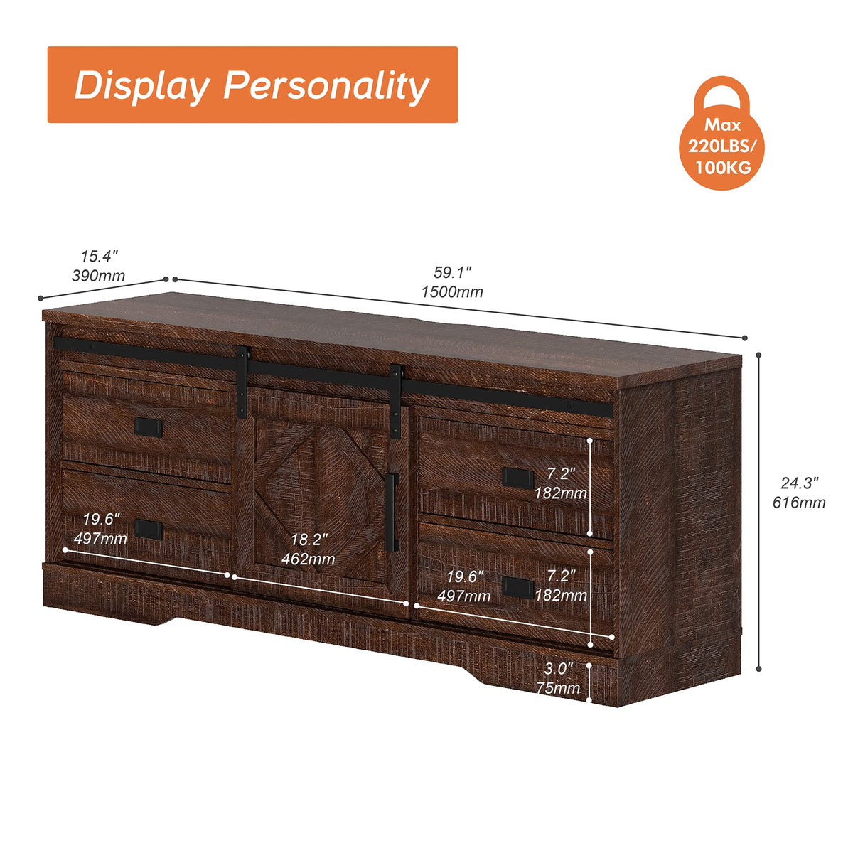 60 inch Farmhouse TV Stand with Drawers & Storage Cabinet Z600063