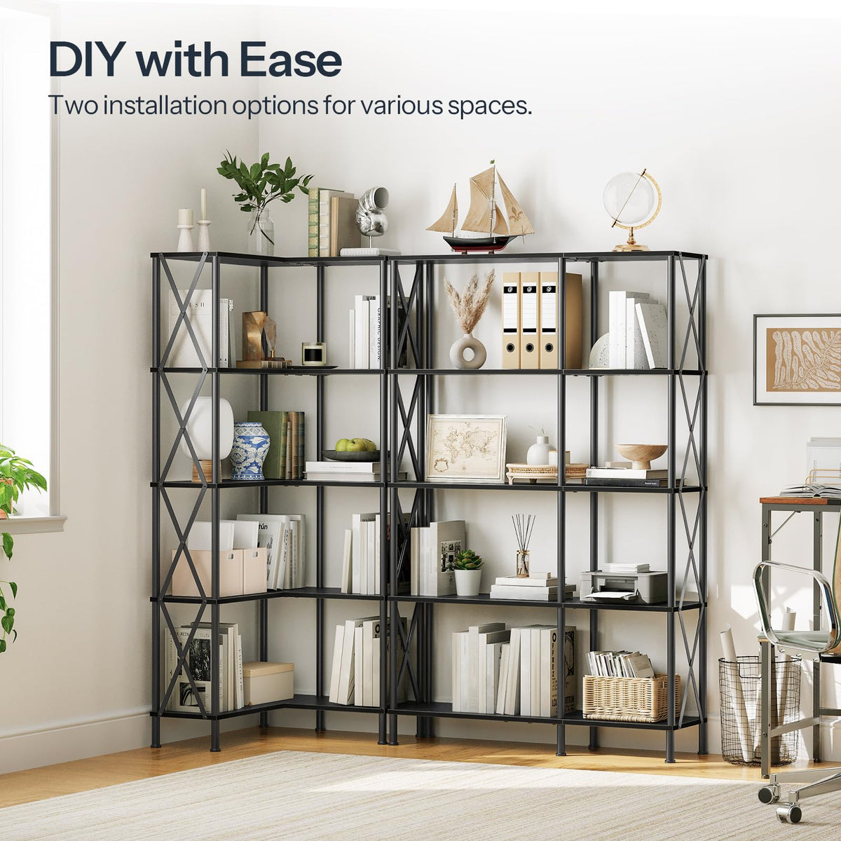 Black 5-Tier L-Shaped Corner Bookshelf W631