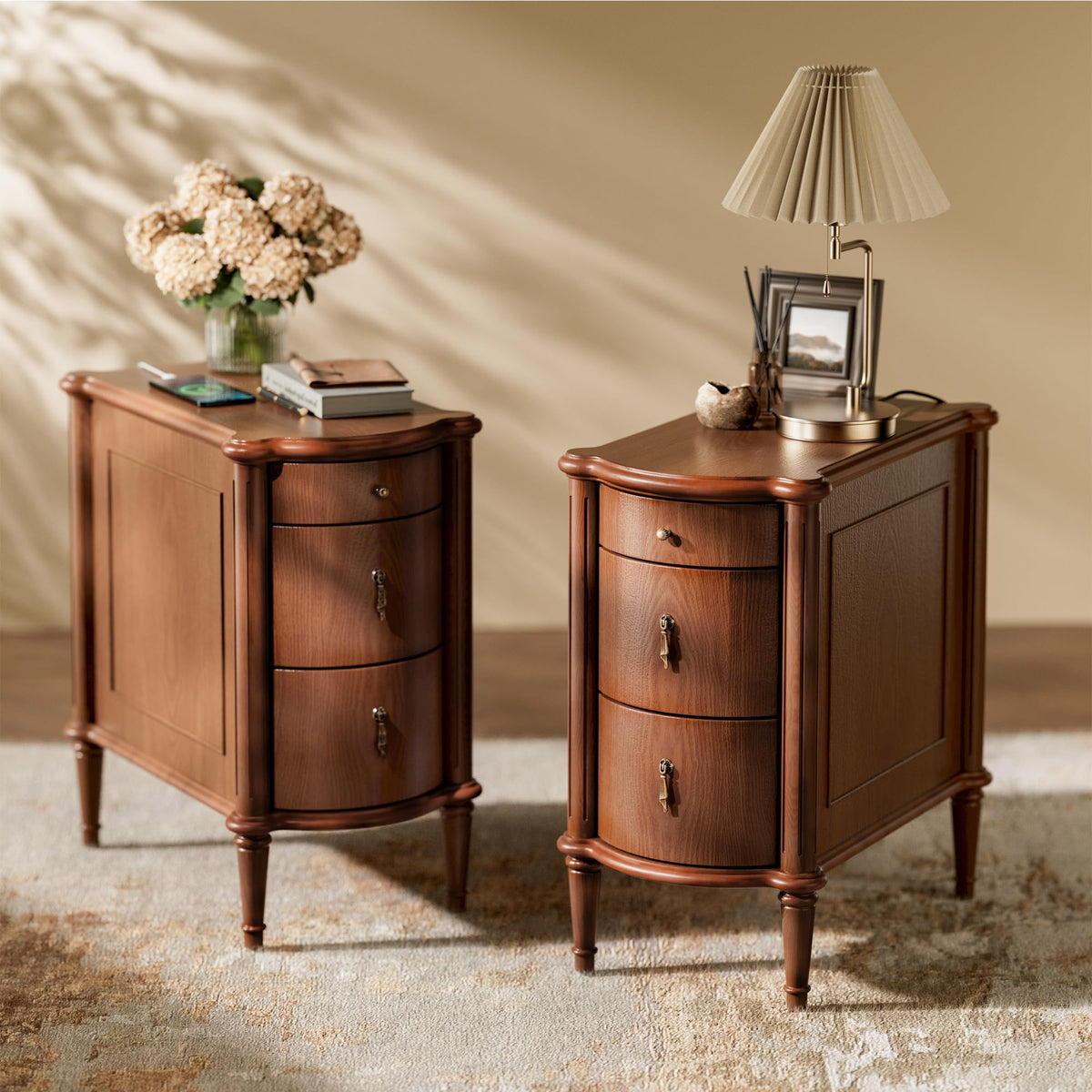 Brown Set of 2 Nightstand with Charging Station and 3 Drawers Z31176