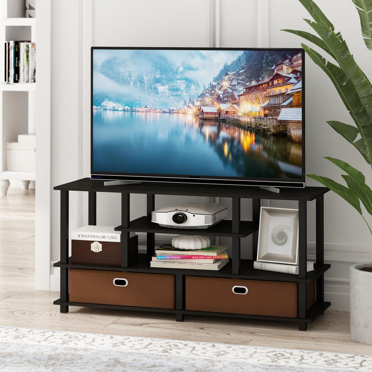 Black Espresso 4-Tier TV Stand with 2 Storage Bins O30328