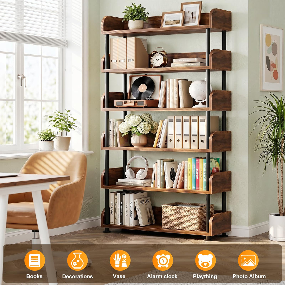 6-Tier Tall Open Bookshelf with Metal Frame E35096