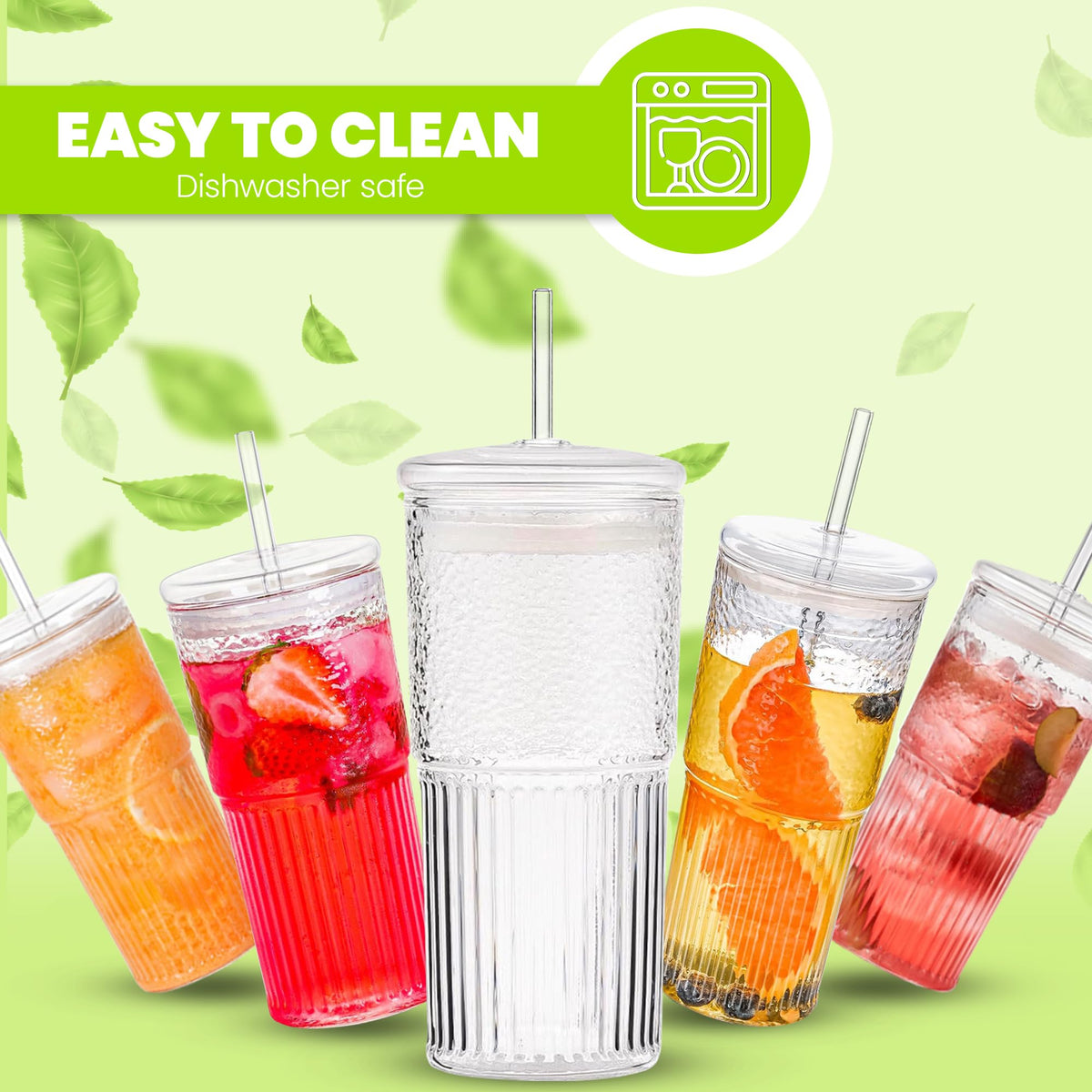 Clear 22 oz Glass Cup with Lid and Straw O494