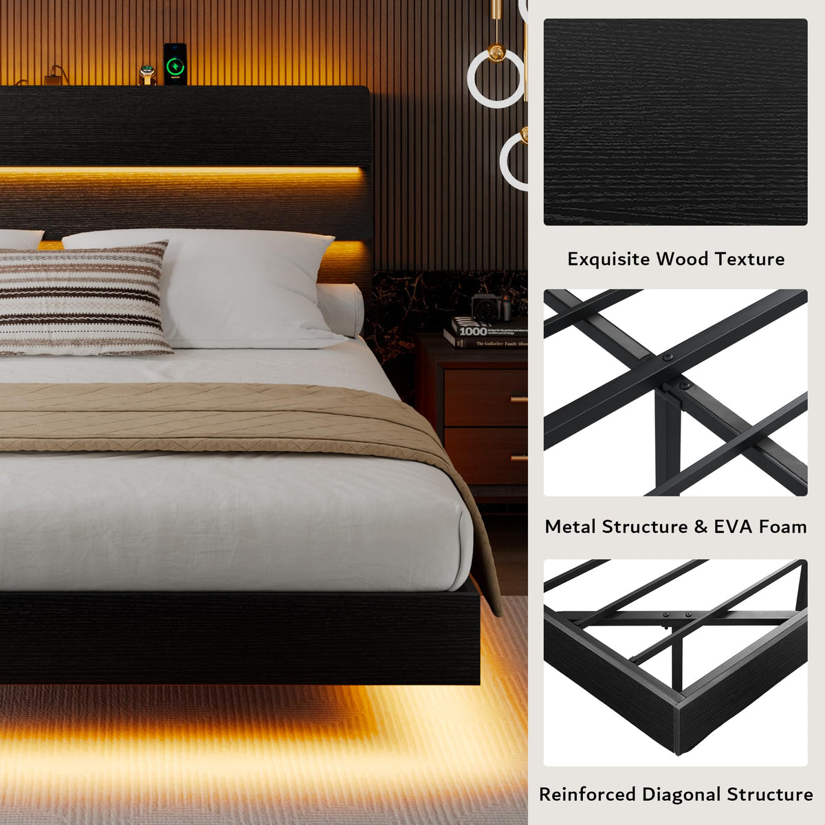 Queen Floating Bed Frame with LED Lights & Charging Station J291