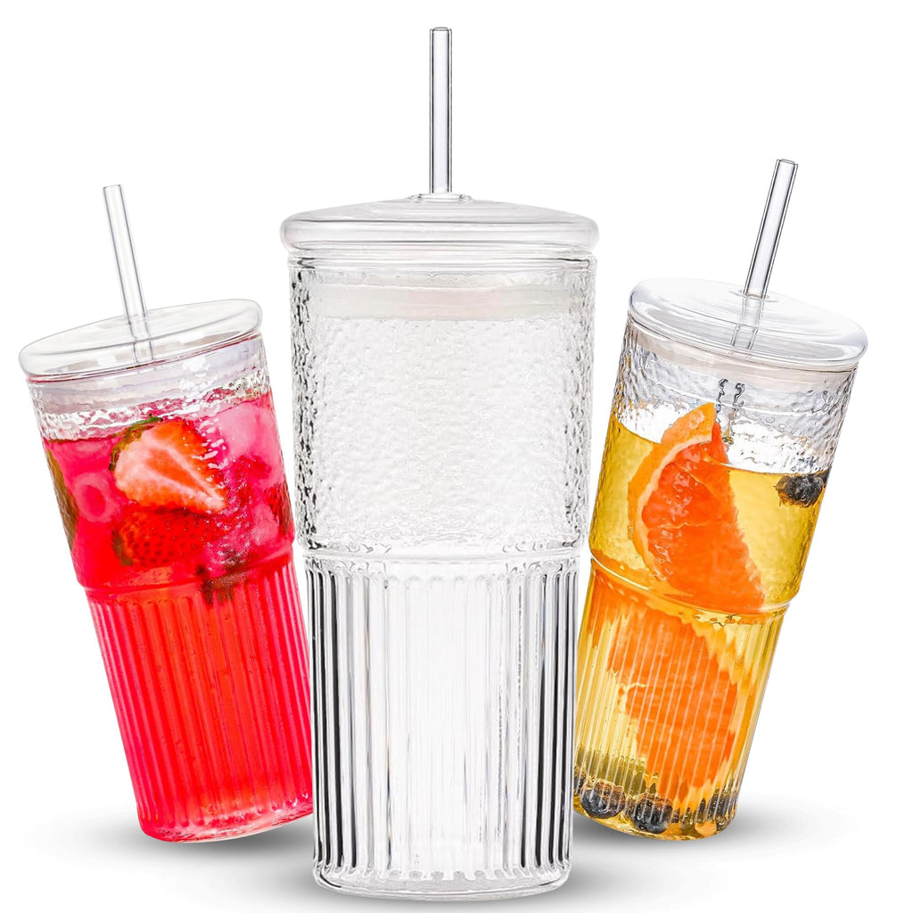 Clear 22 oz Glass Cup with Lid and Straw O494