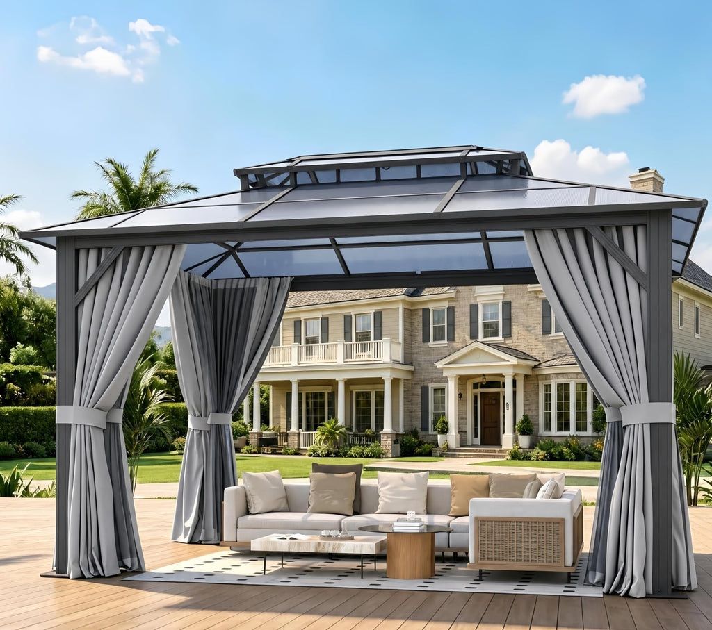 10'x12' Hardtop Aluminum Gazebo with Polycarbonate Roof, Curtains and Netting I32749