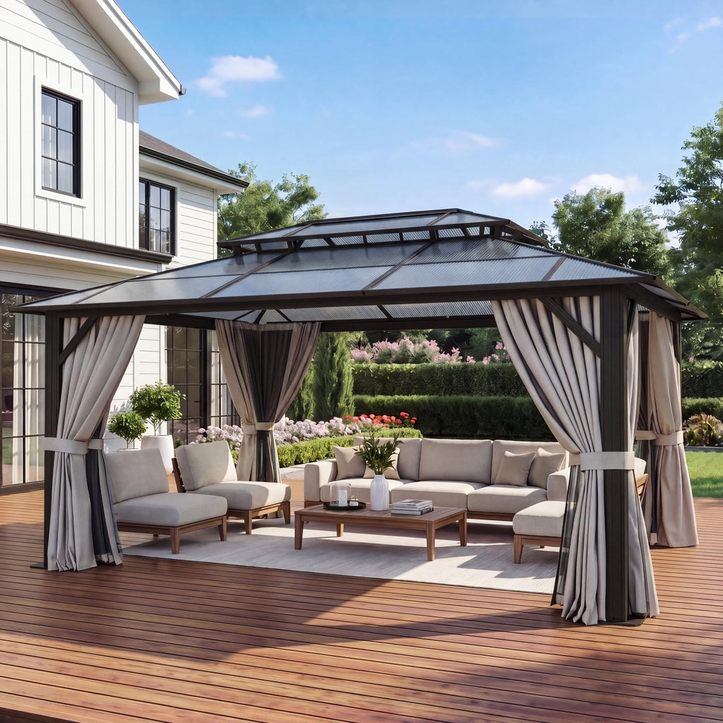 10'x12' Hardtop Aluminum Gazebo with Polycarbonate Roof, Curtains and Netting I32749