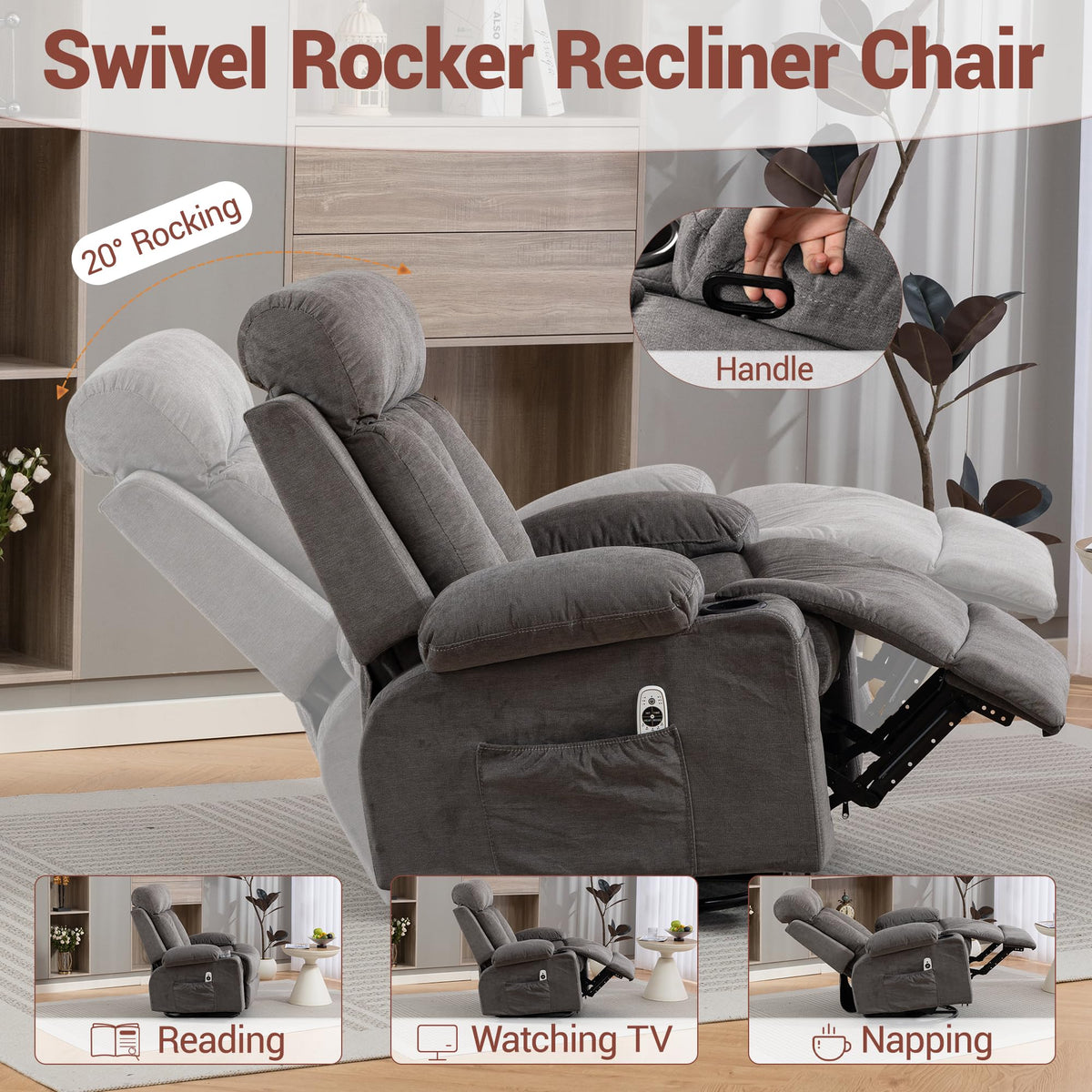 Grey Swivel Rocker Recliner with Massage and Heating G4625