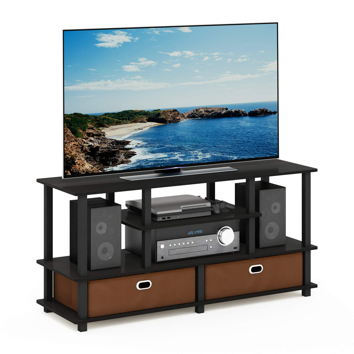 Black Espresso 4-Tier TV Stand with 2 Storage Bins O30328