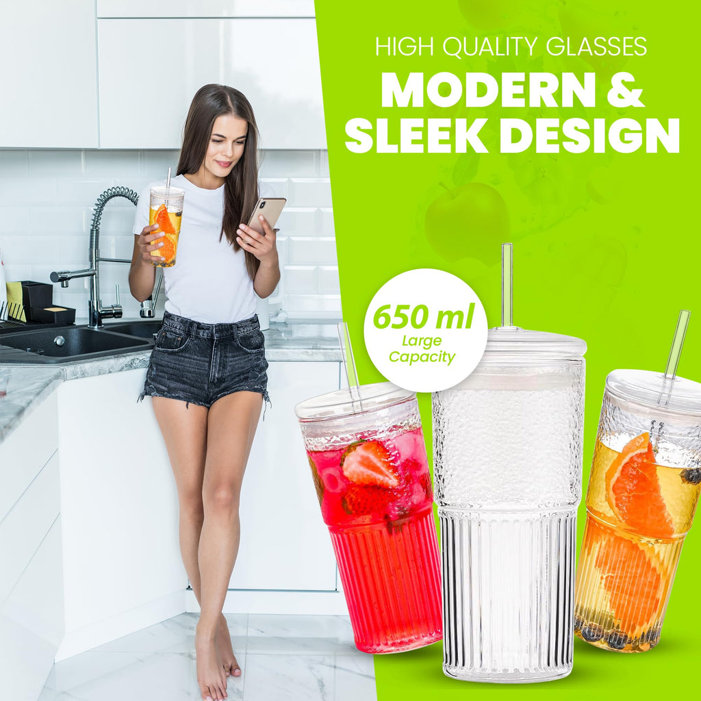 Clear 22 oz Glass Cup with Lid and Straw O494