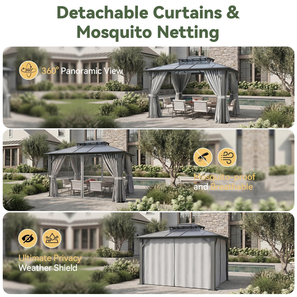 10'x12' Hardtop Aluminum Gazebo with Polycarbonate Roof, Curtains and Netting I32749