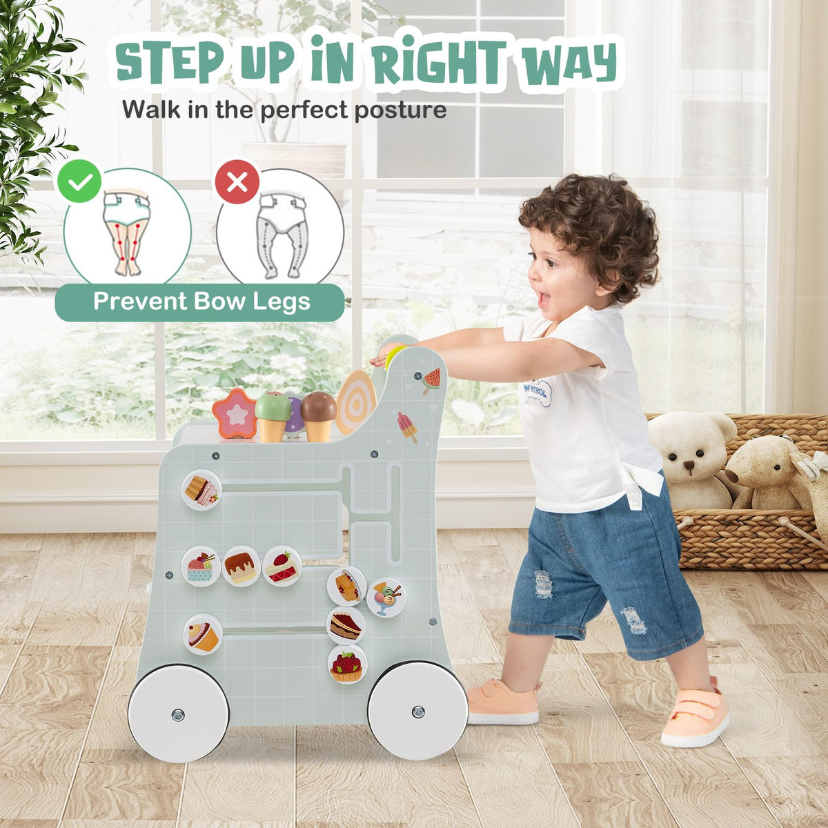Wooden Baby Walker with Storage and Wheels R956