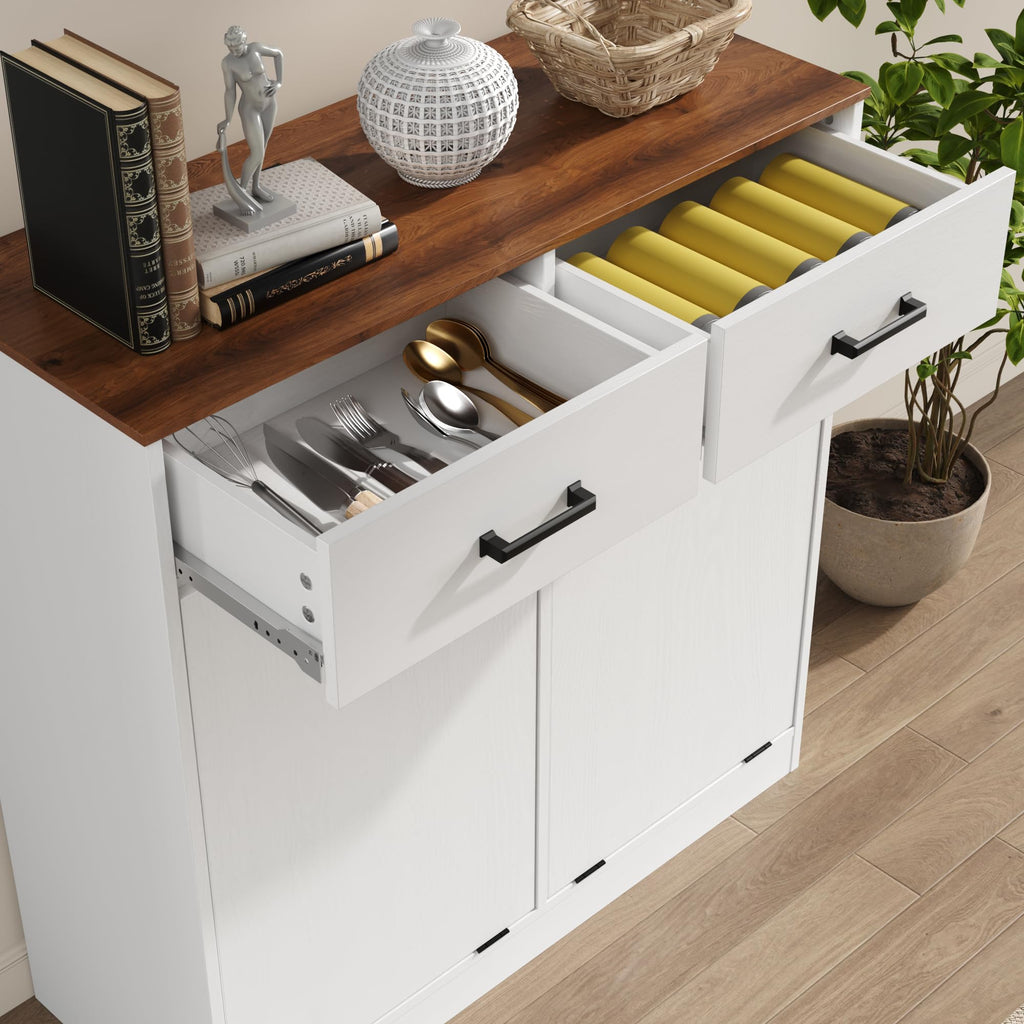 Antique White Double Tilt Out Trash Can Cabinet with 2 Drawers K803