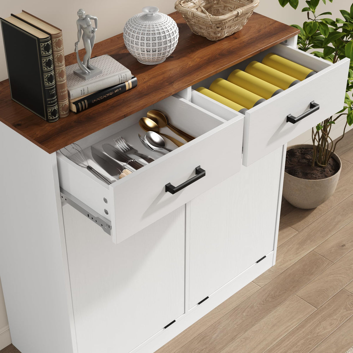 Antique White Double Tilt Out Trash Can Cabinet with 2 Drawers K803