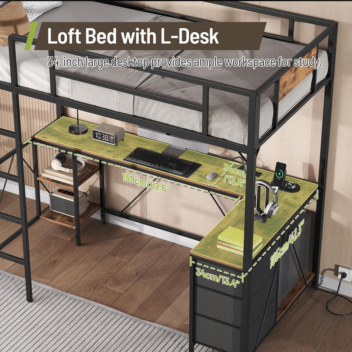 Twin Size Metal Loft Bed with L-Shaped Desk, 3 Storage Drawers, LED Light & Ladder M537661