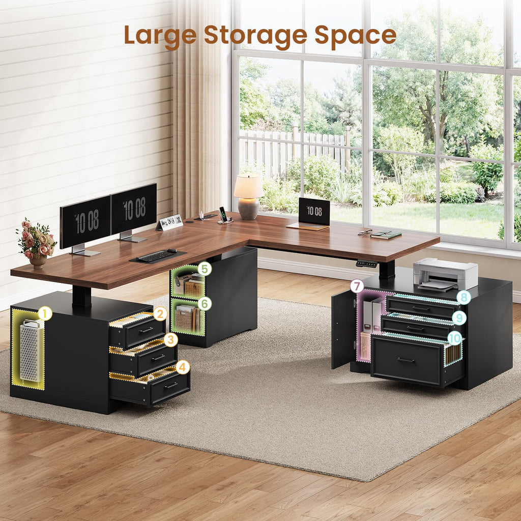 L Shaped Black Electric Standing Desk with 6 Drawers S466