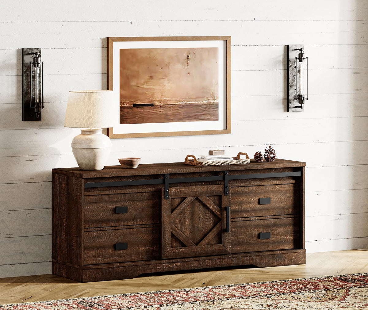 60 inch Farmhouse TV Stand with Drawers & Storage Cabinet Z600063