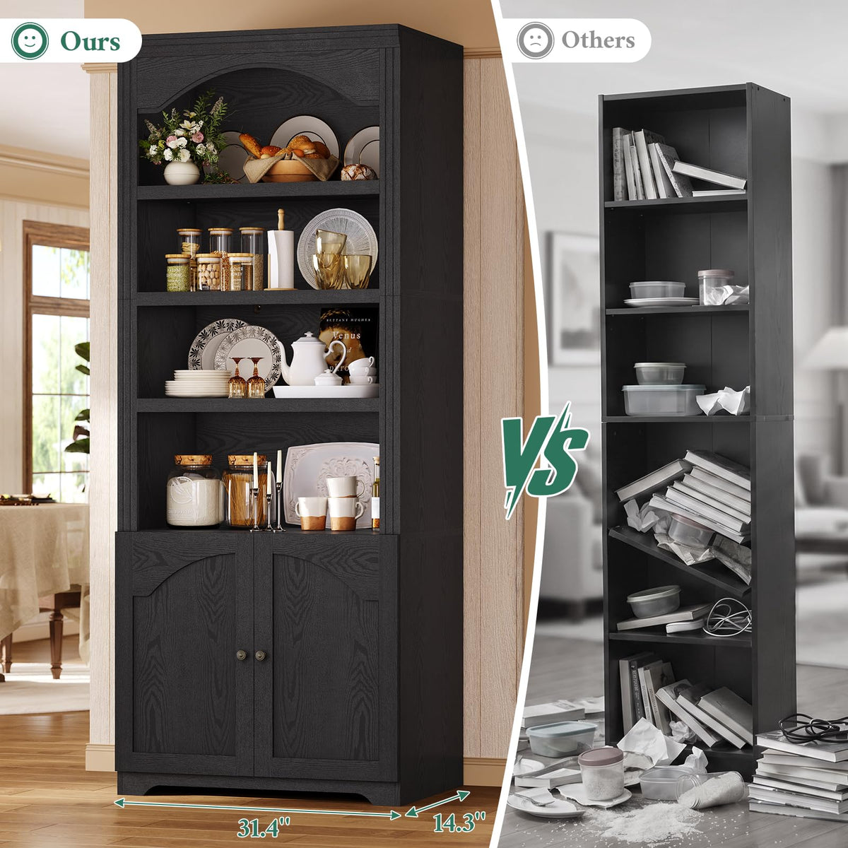 81"x31.4" Arched Bookcase with Adjustable Shelves & Doors E7299