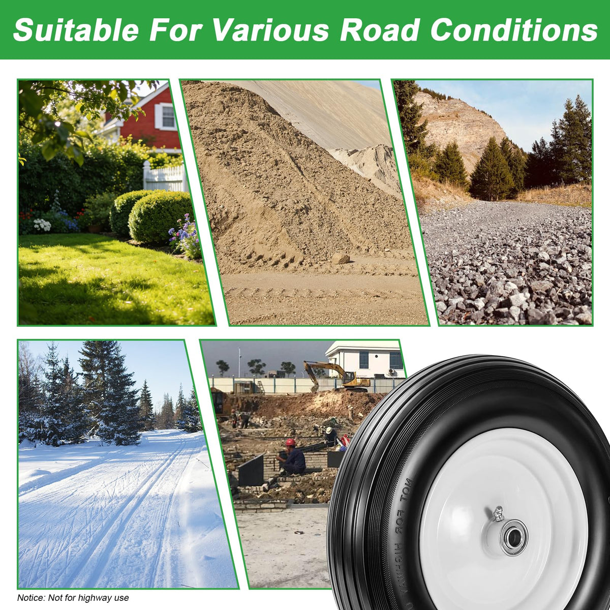 14.5" Flat Free Wheelbarrow Tire with 3/4" & 5/8" Bearing I349