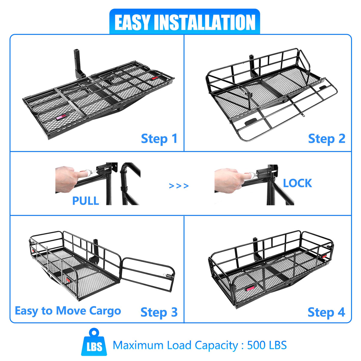 500 Lbs Heavy Duty Hitch Mount Cargo Carrier 60"x24"x14.4" Folding H591
