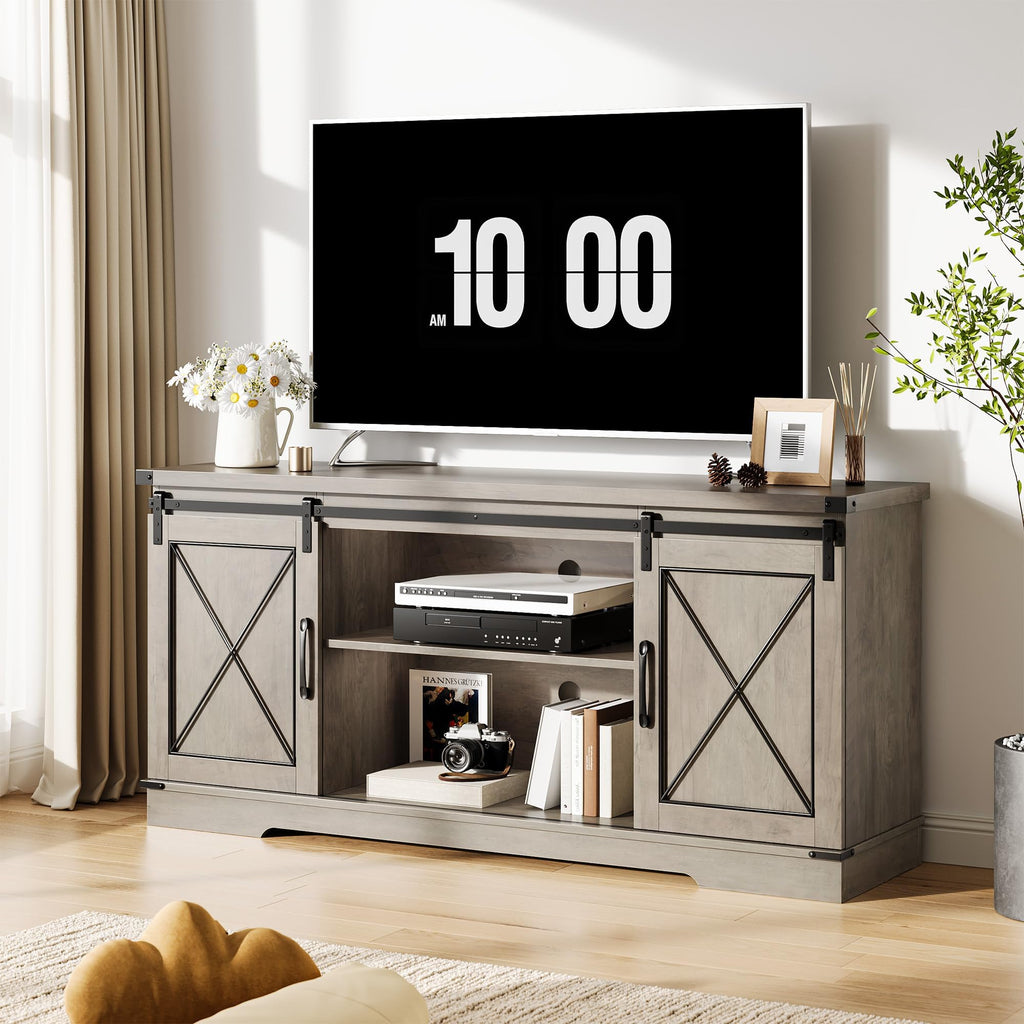 Farmhouse TV Stand with Sliding Barn Doors and Storage Cabinets, Grey E754