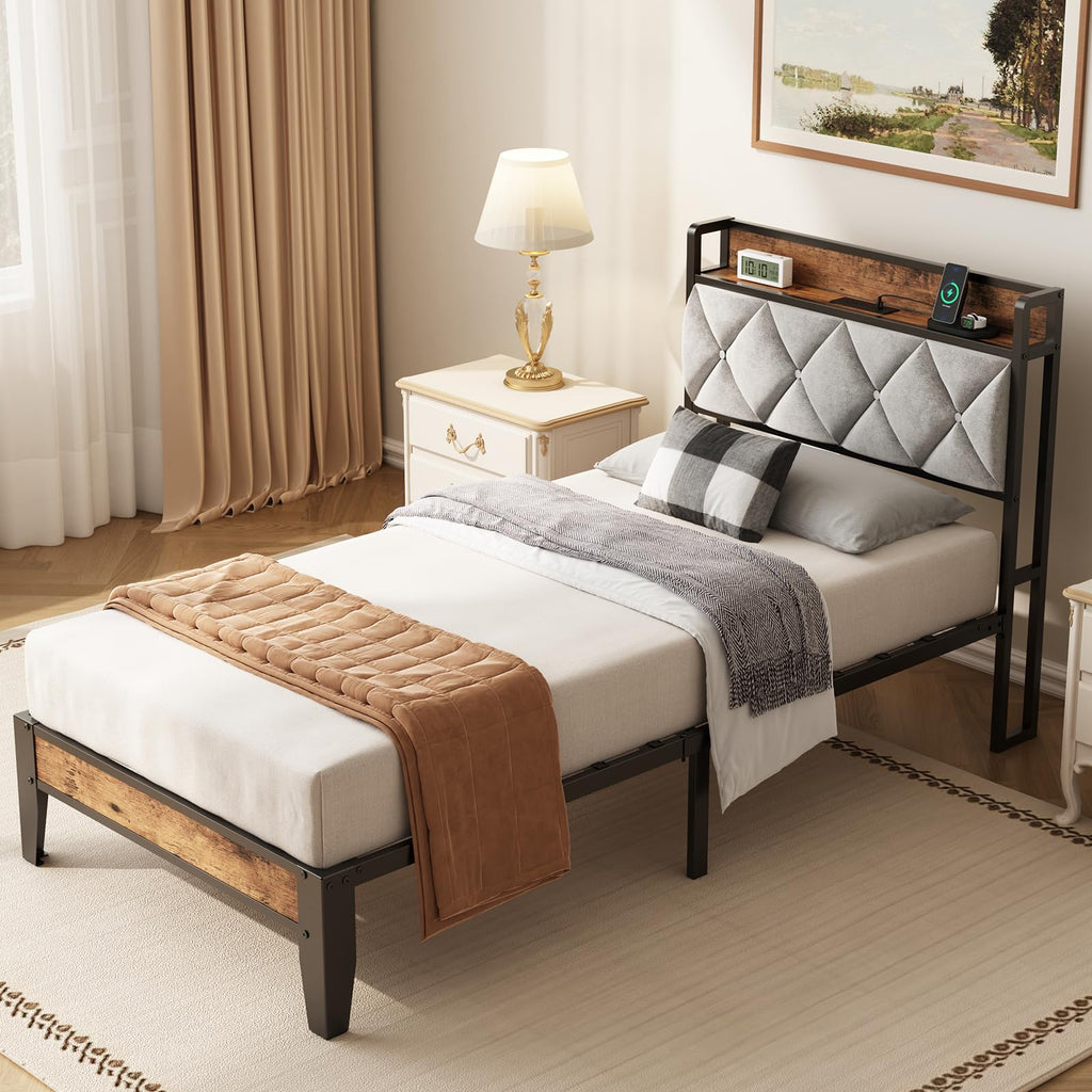 Twin Bed Frame with Upholstered Storage Headboard and USB Charging Station N403973