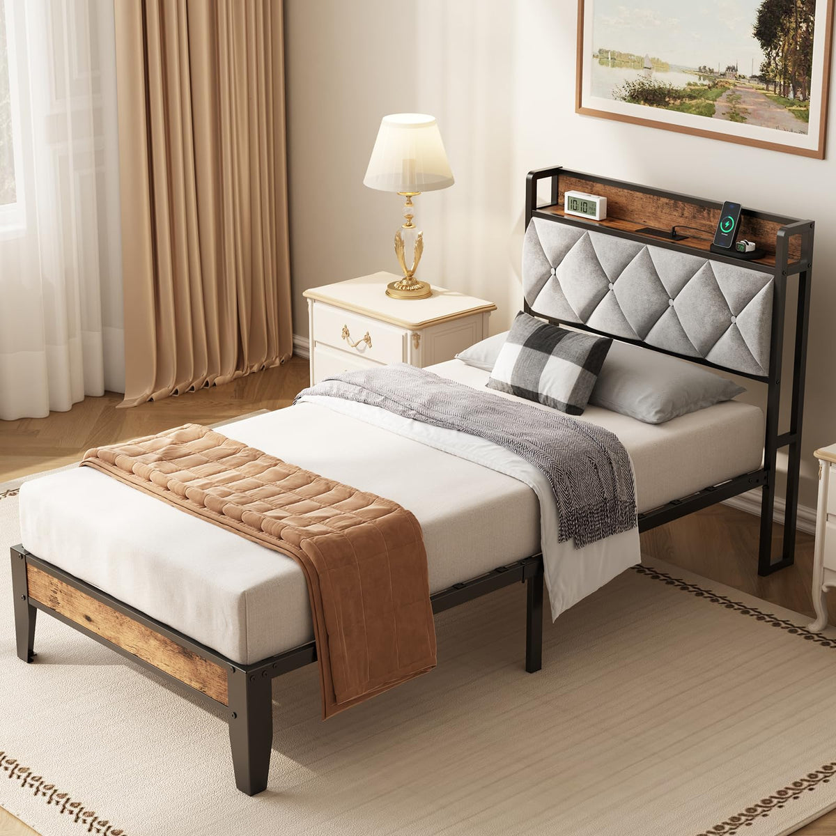 Twin Bed Frame with Upholstered Storage Headboard and USB Charging Station N403973