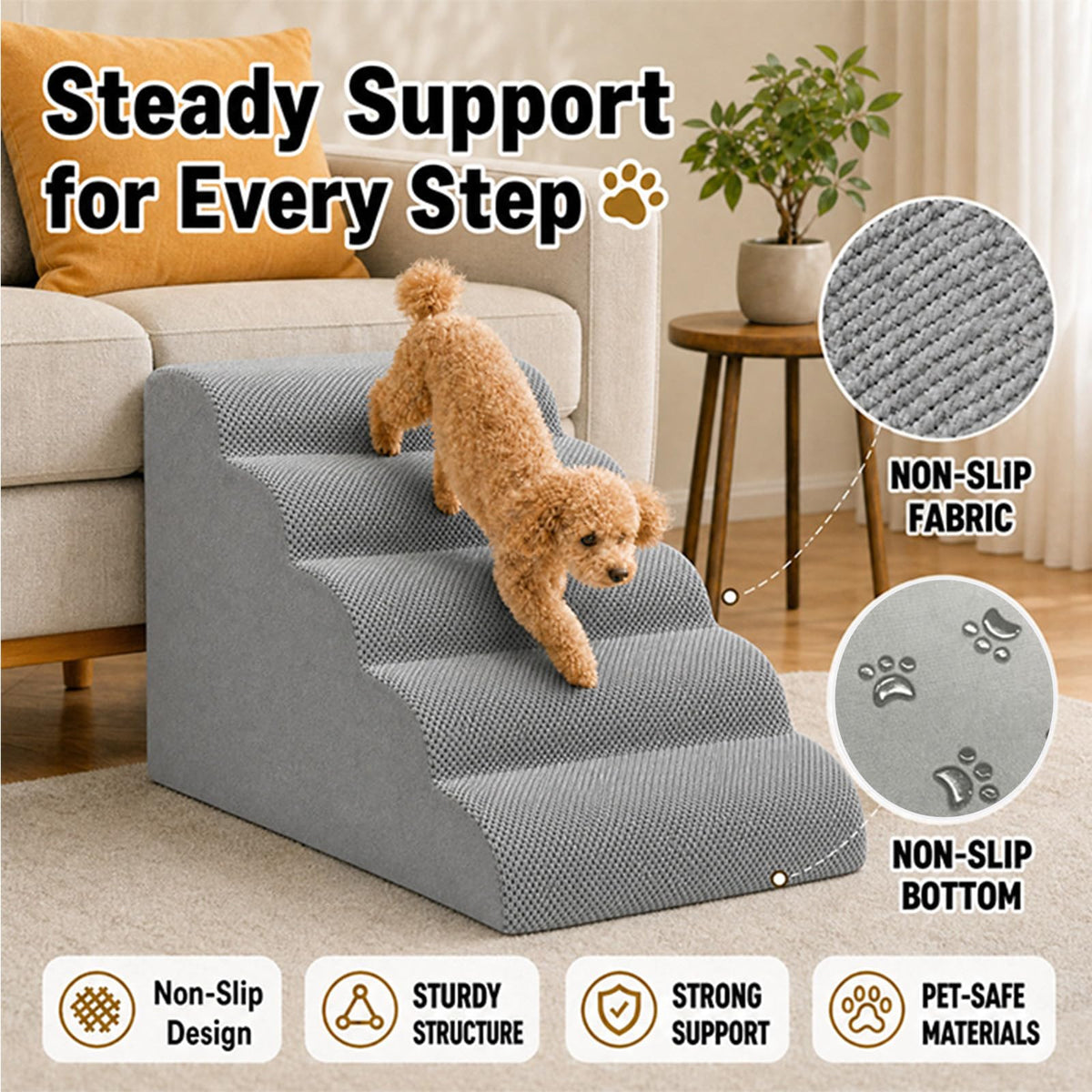 Dog Ramp, Pet Ramp, Dog Stairs, Non-Slip Ladder, 5-Step, Gray Y87977