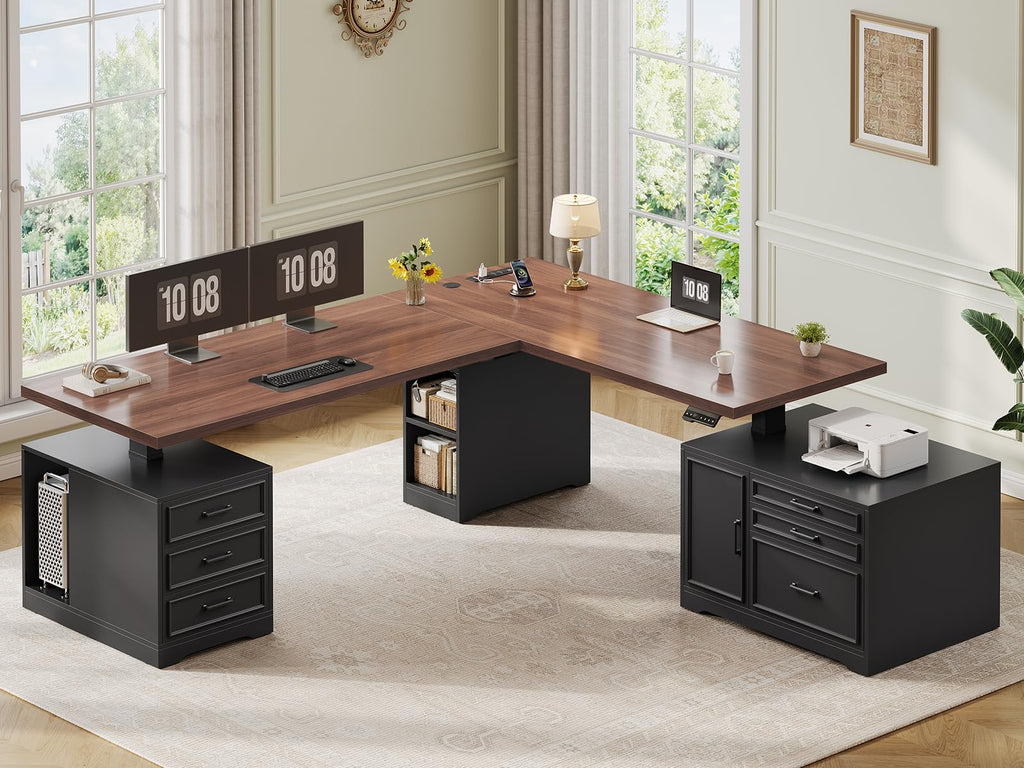L Shaped Black Electric Standing Desk with 6 Drawers S466