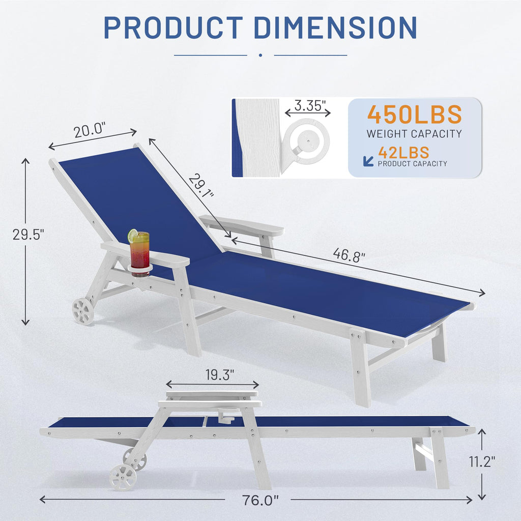 Royal Blue Patio Chaise Lounge Chair Set of 2 with Cup Holder B1640